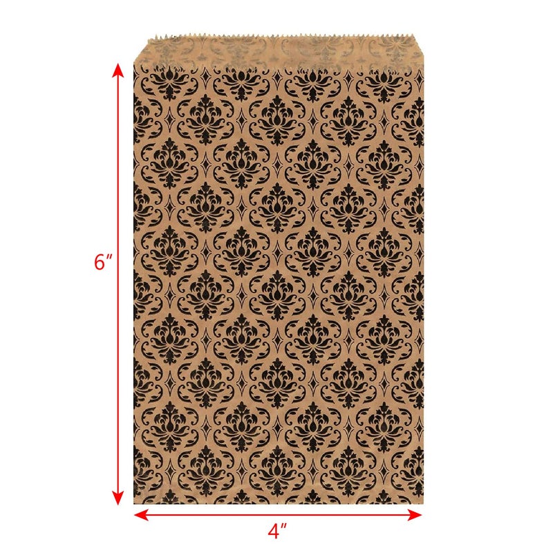 MOOCA 200 Pcs Damask Paper Gift Bags, Small Business, Jewelry, Candy, Popcorn, Cookie & Treat Bags - 4 W x 6 H in, Brown with Black Damask - Image 2